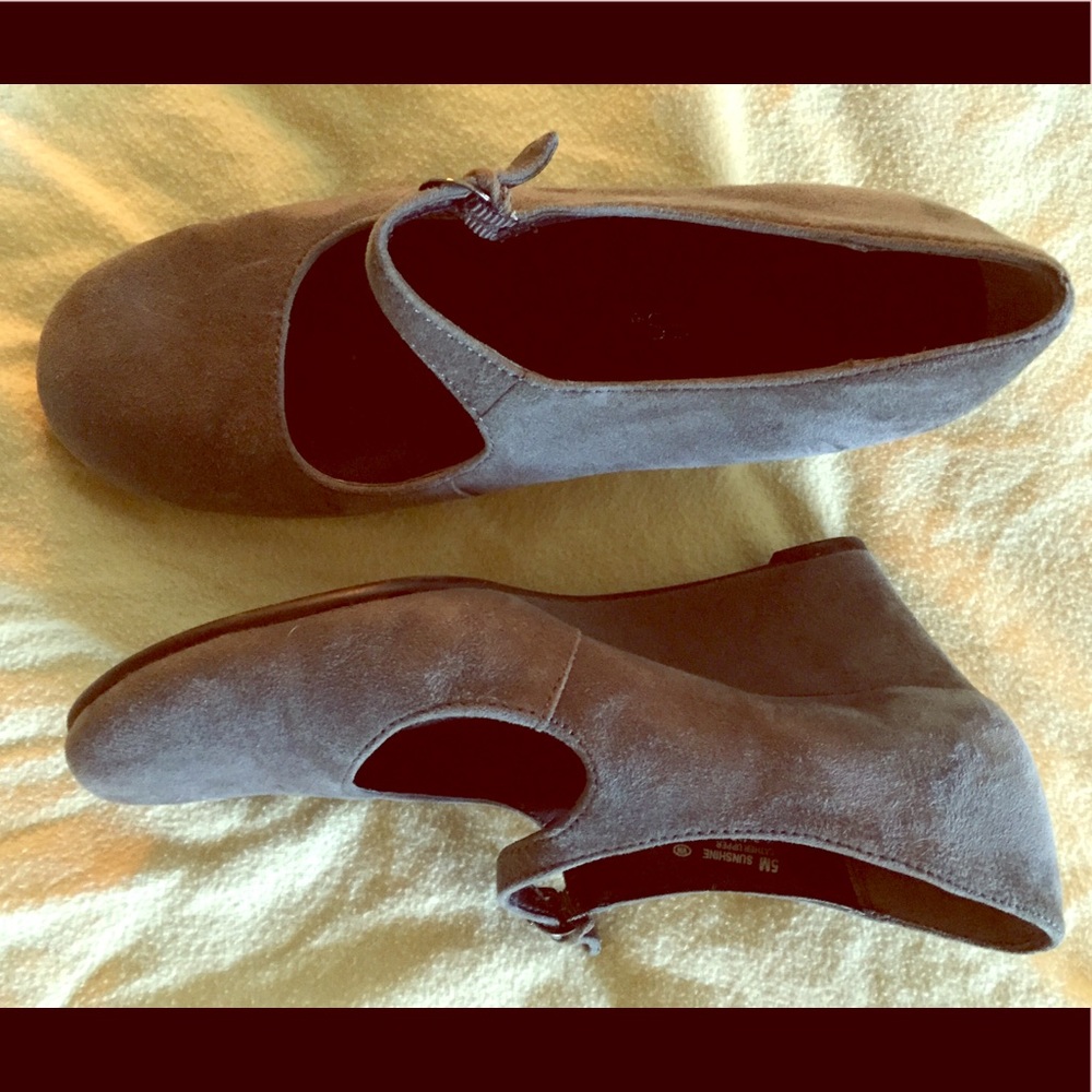 Gray Soft Suede Wedge Heels with Mary Jane Buckle